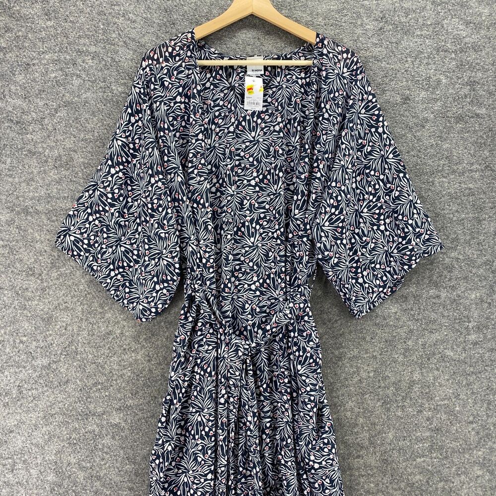 New Sonoma Dress Women Small Black Floral Belted Short Sleeve Open Front Casual - Picture 3 of 11